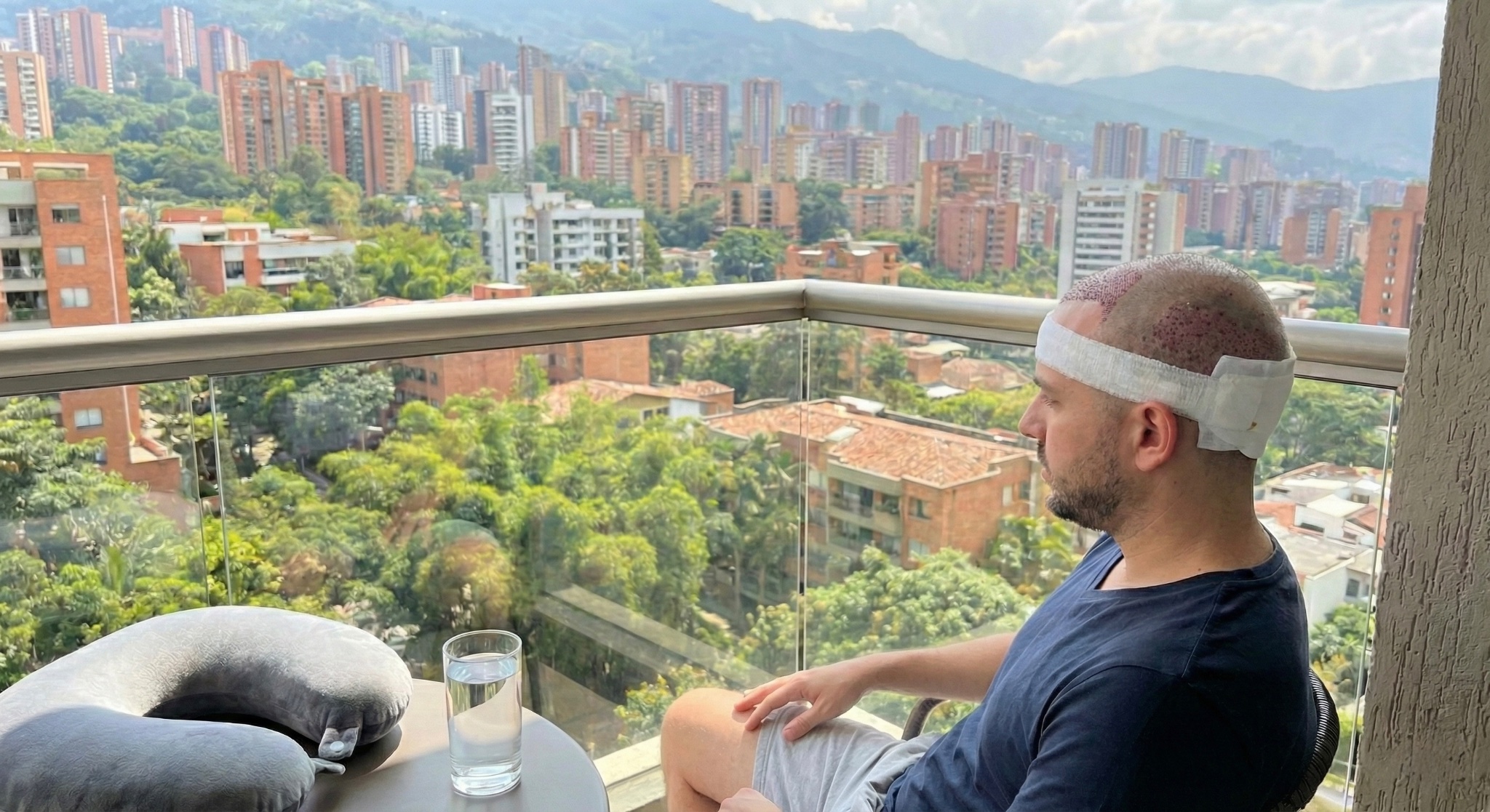 Man recovering after hair transplant surgery sitting on a balcony overlooking Medellín, Colombia
